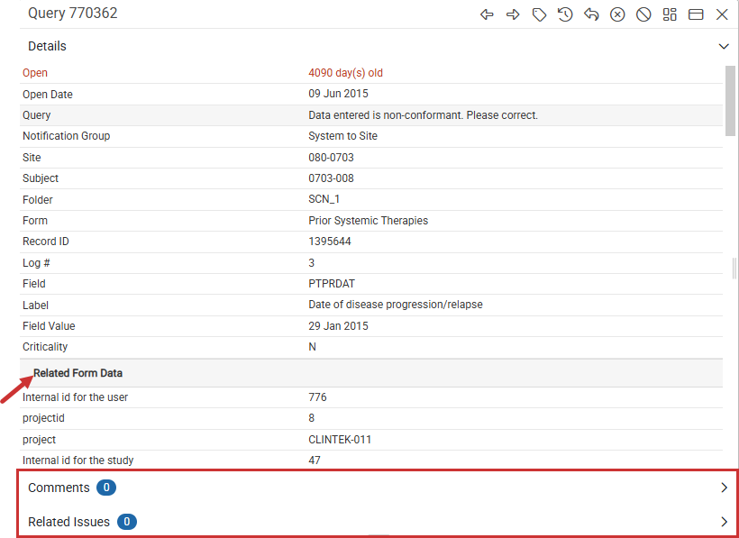 Query Details panel showing query information, Related Form Data, Comments, and Related Issues sections