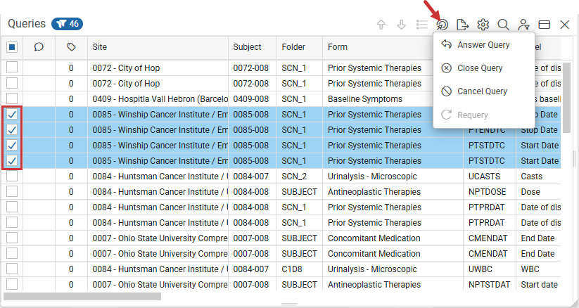 Queries panel with four records selected and the Action menu open, showing Answer Query, Close Query, and Cancel Query available, and Requery grayed out