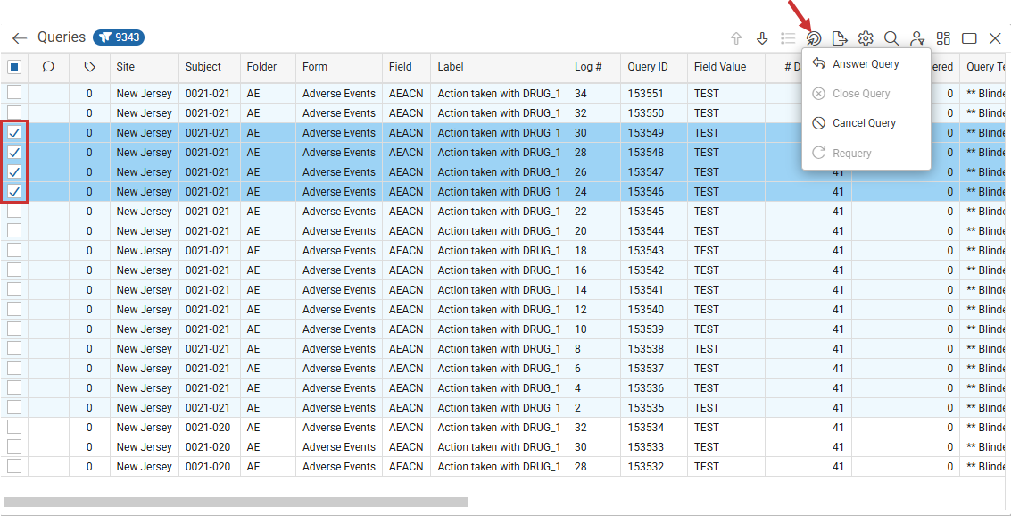 Queries panel with four records selected and the Action icon menu open, showing Answer Query and Cancel Query available, with Close Query and Requery grayed out