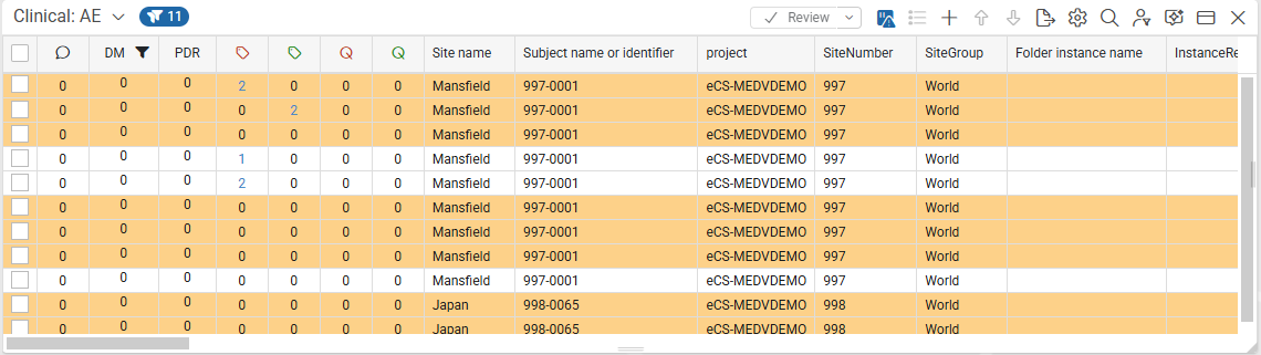 AE listing with Data Variance applied, Updated Records Highlight selected