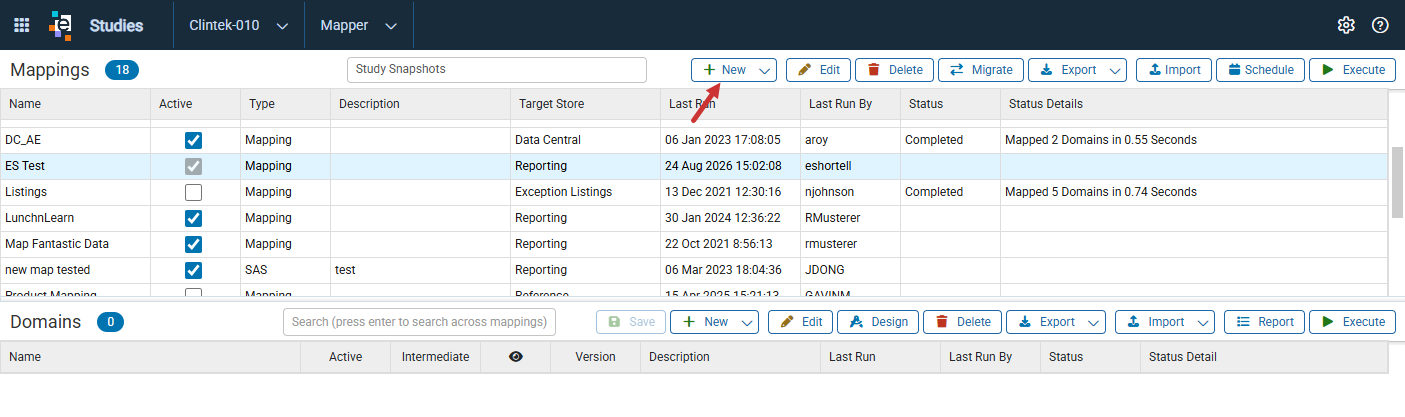 Mappings list with an arrow pointing to the New button, showing the Active column with a highlighted checkbox for an Active mapping, a gray checkbox for a Manual mapping, and an empty checkbox for an Inactive mapping
