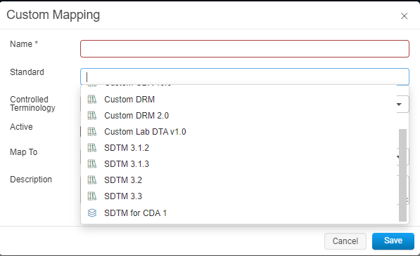 Standard drop-down expanded showing available standards and specifications with type icons