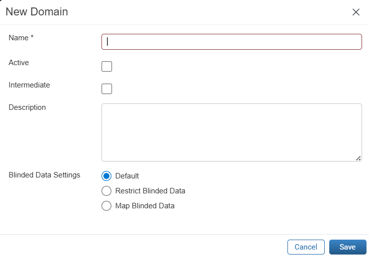 New Domain window with Name, Active, Intermediate, Description, and Blinded Data Settings fields