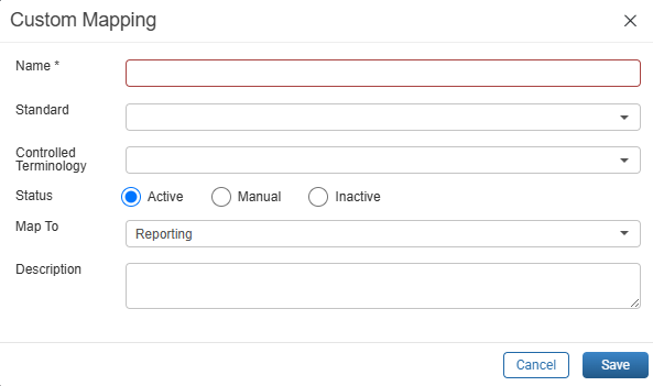 Custom Mapping window with Name, Standard, Controlled Terminology, Status, Map To, and Description fields, showing the Status field with Active, Manual, and Inactive radio buttons