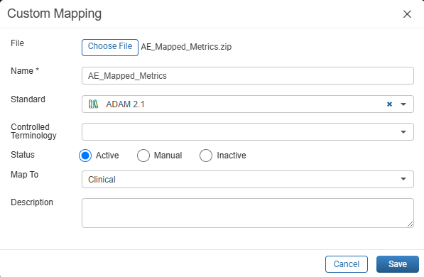 Custom Mapping window populated with an imported file's details, including Name, Standard, Status, and Map To fields, showing the Status field with Active, Manual, and Inactive radio buttons