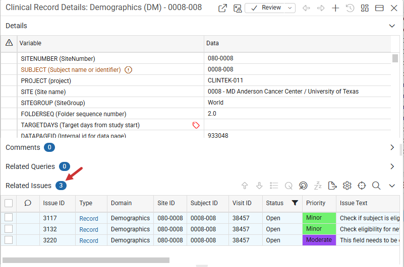 Related Issues in Record Details panel