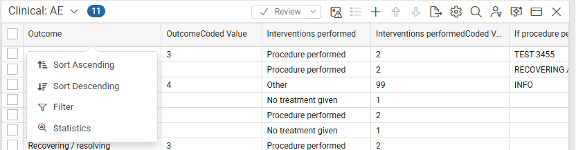 Column header options