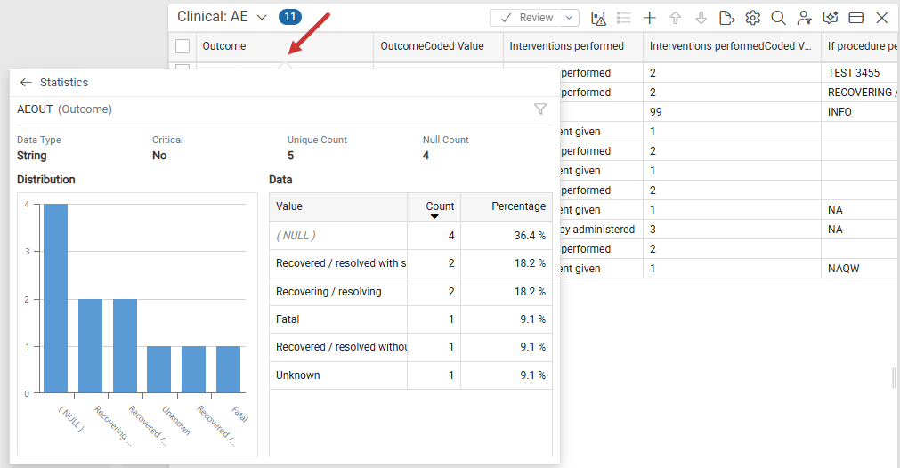 Statistics popout for a string column, accessed from a domain listing