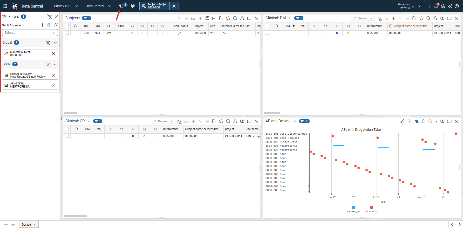 Filter Panel open with Set & Advanced, Global, and Local sections