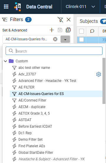 Filter Set search field with funnel and lightning bolt icons for Filter Sets and Advanced Filters