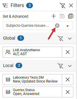 'X' icon next to applied Filter Set name in the Set & Advanced field