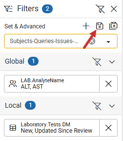 Filter Set field with yellow border indicating changes to applied filters, and Save icon