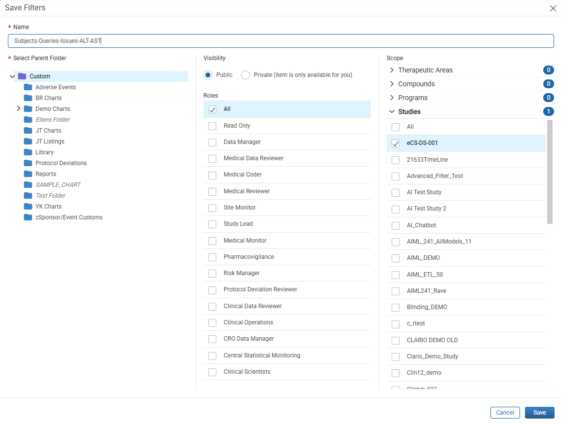 Save Filters window with Select Parent Folder tree, Visibility, Roles, and Scope options