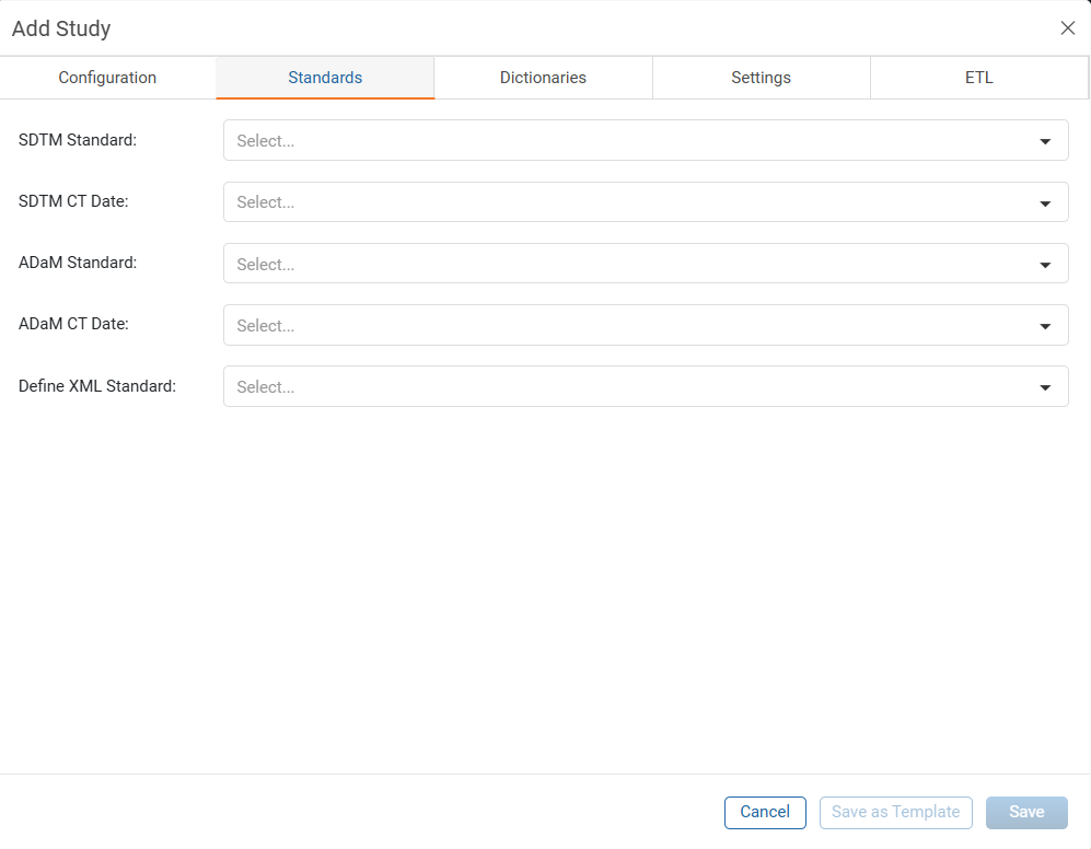 Add Study - Standards Tab