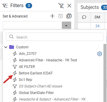 Filter Set search field showing lightning bolt icons for Advanced Filters and funnel icons for Filter Sets