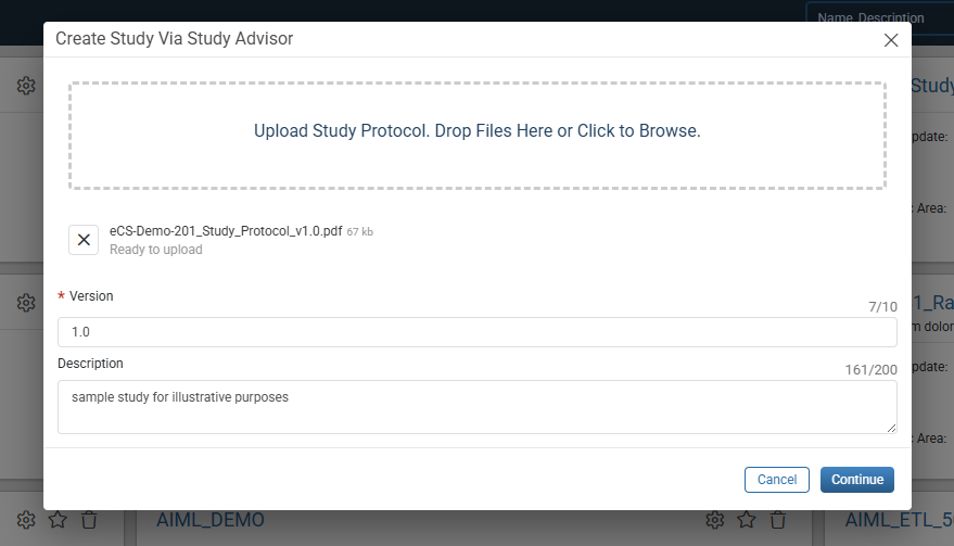 Create Study Via Study Advisor window with a Study Protocol file added and the Version field completed