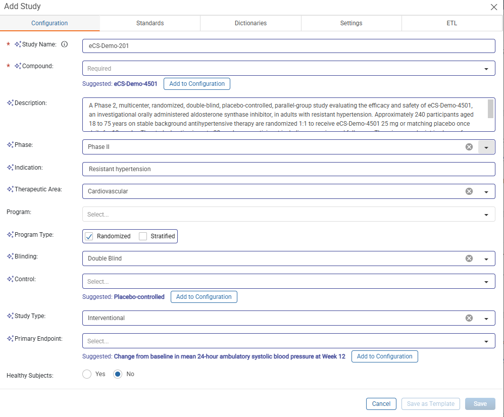 Add Study window Configuration tab with sparkle icons on Study Advisor populated fields and suggested values with Add to Configuration buttons beneath the Compound, Control, and Primary Endpoint fields