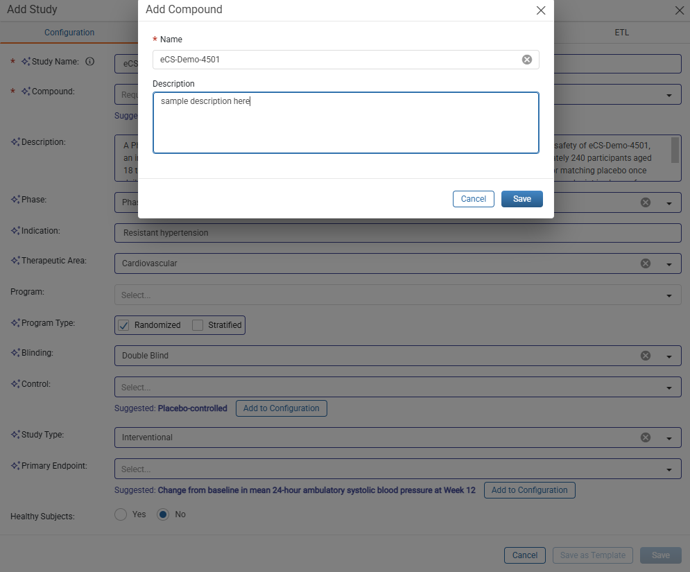 Add Compound window with the suggested value pre-populated in the Name field and a Description field with Cancel and Save buttons
