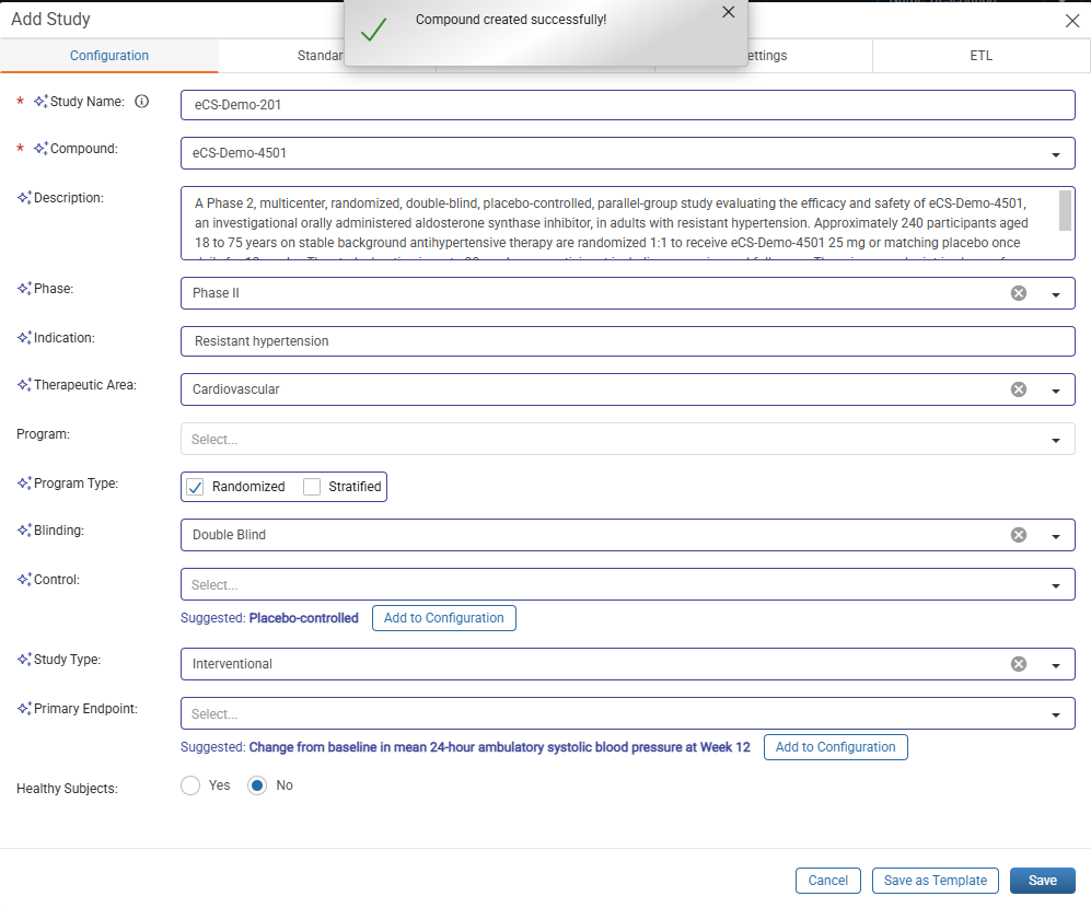 Add Study window Configuration tab with the Compound field completed and a confirmation message that the compound was created
