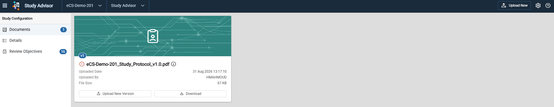 Study Advisor Documents page with the Study Protocol card and Upload New Version and Download buttons