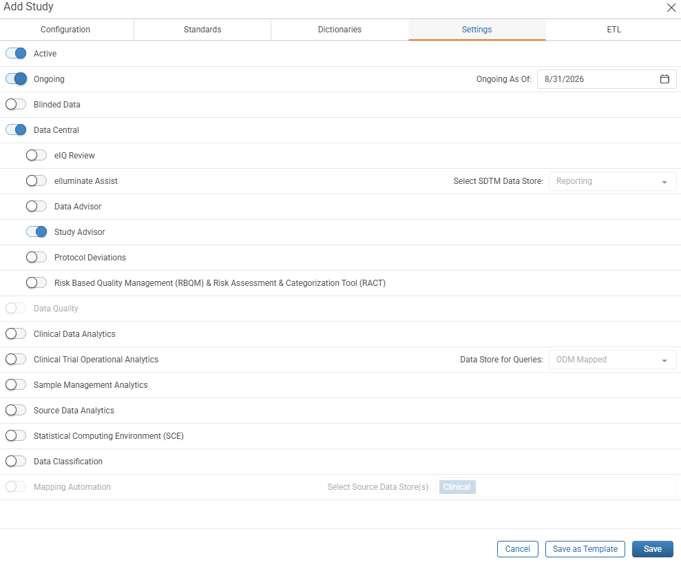Settings tab with the Study Advisor toggle enabled in the nested list under Data Central