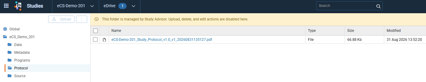 eDrive Protocol folder with a message that the folder is managed by Study Advisor, the Upload button disabled, and a Study Protocol file listed