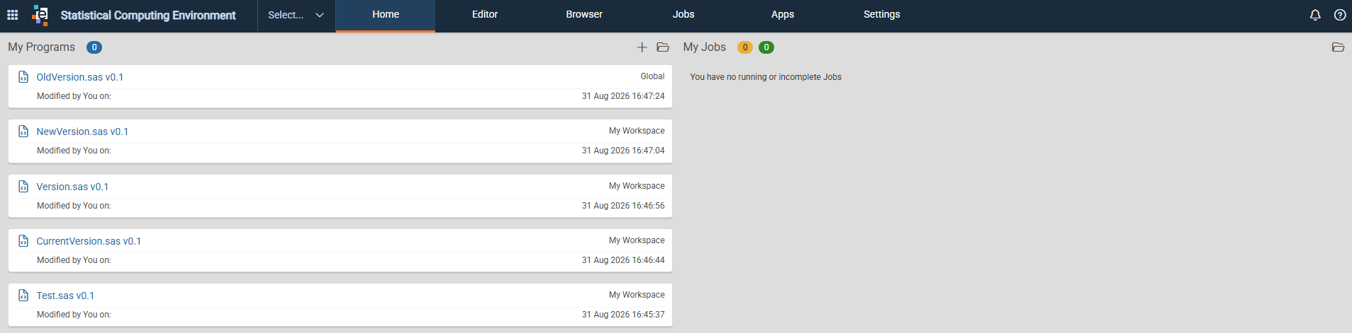 Statistical Computing Environment Home page with the Editor, Browser, Jobs, Apps, and Settings tabs
