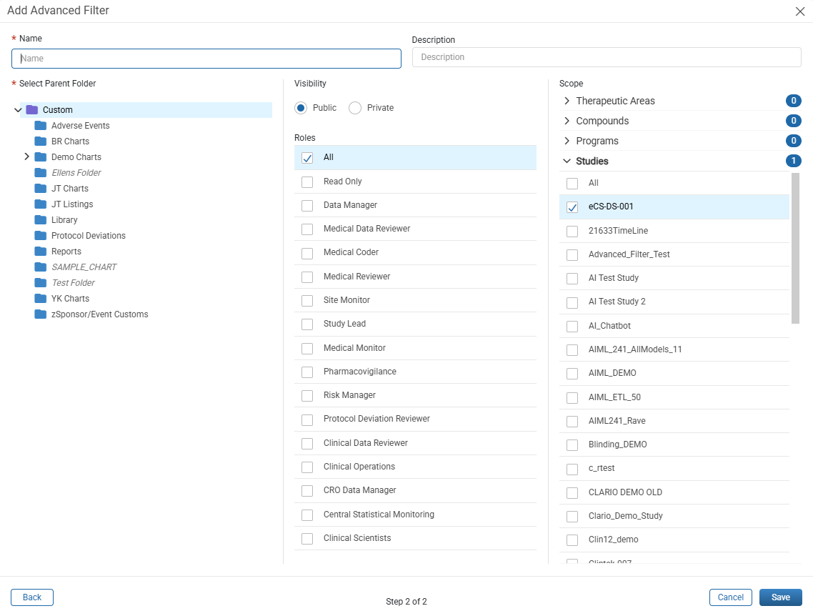 Add Advanced Filter window with Name, Description, Select Parent Folder, Visibility, Roles, and Scope