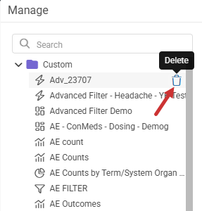Delete icon tooltip shown on hover in the Manage window