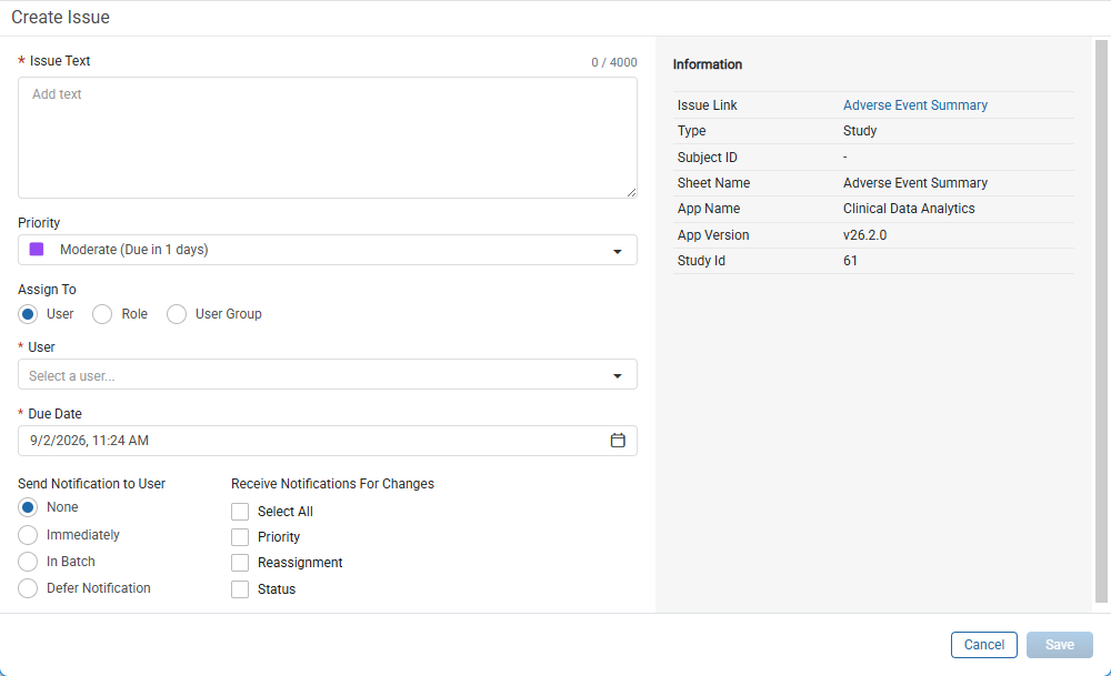 Create Issue window with Issue Text, Priority, and Information panel