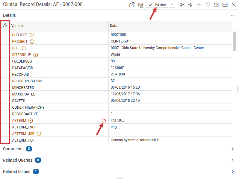 Record Details panel showing indicators and Review button