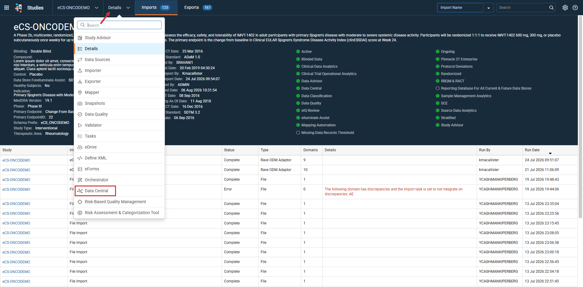 Access Data Central from the Study Management drop-down