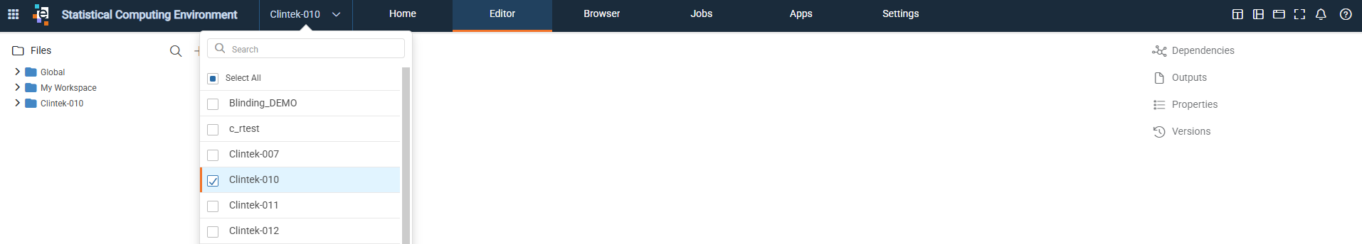 Study Selector drop-down on the Statistical Computing Environment Editor page with the search field, Select All option, and study list with one study selected