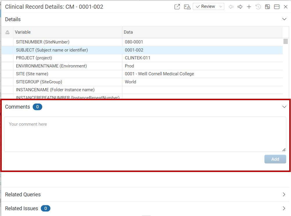 Add Comment in Record Details panel