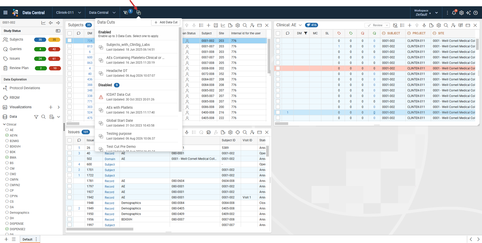 Data Cuts popout with enabled and disabled data cuts