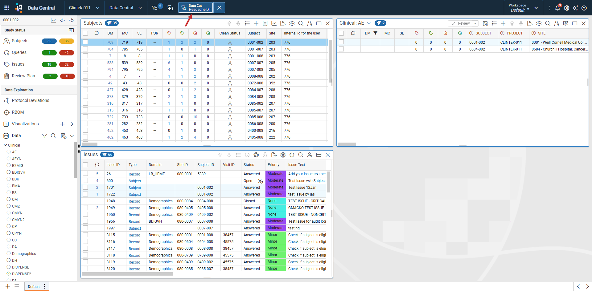Docked panels with a data cut applied