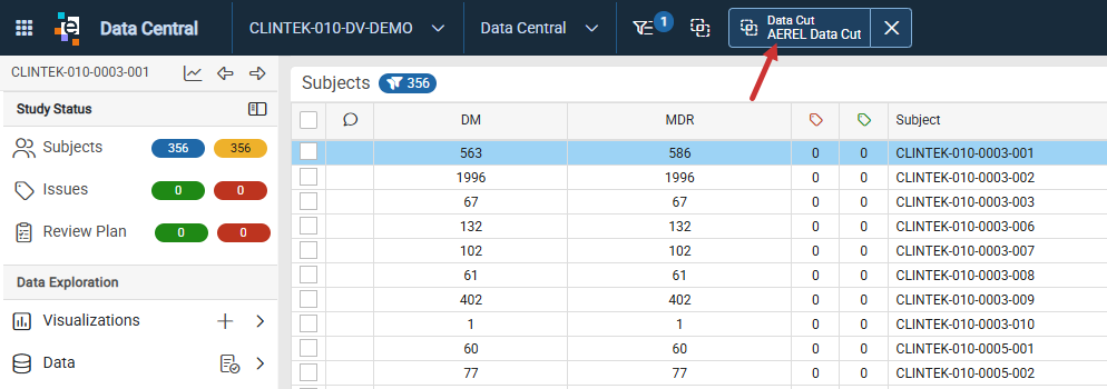 Data Cut filter pill in the master header
