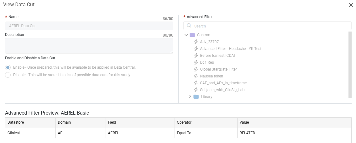 View Data Cut window with the Advanced Filter Preview