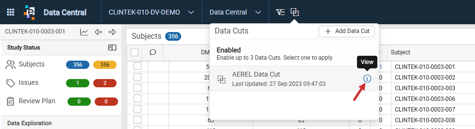 View icon in the Data Cuts popout