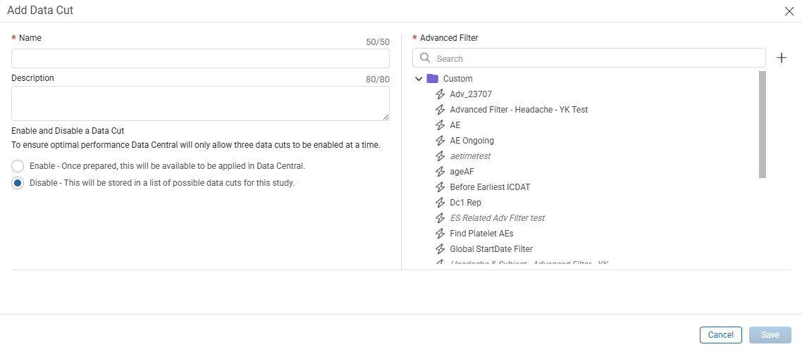 Add Data Cut window
