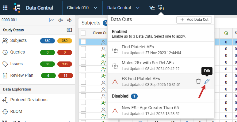 Edit icon in the Data Cuts popout