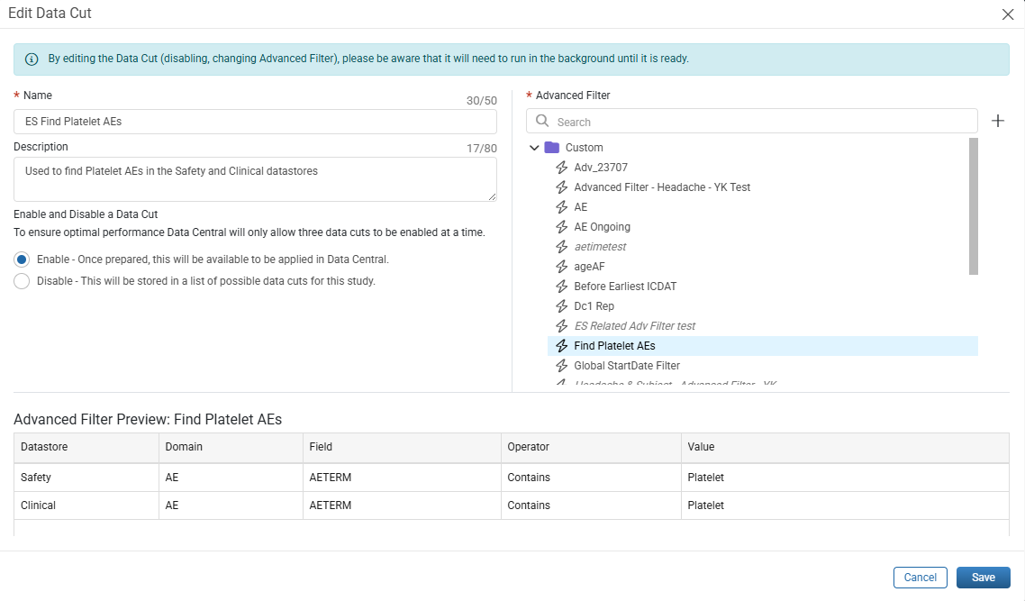 Edit Data Cut window
