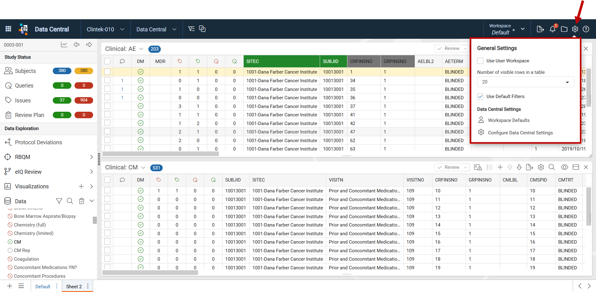 Data Central Settings