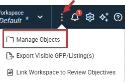 Actions icon menu with Manage Objects option