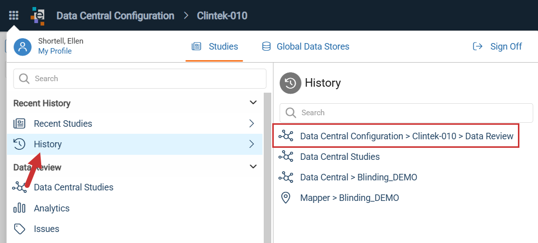 Access Data Central Configuration from History in the Platform Menu
