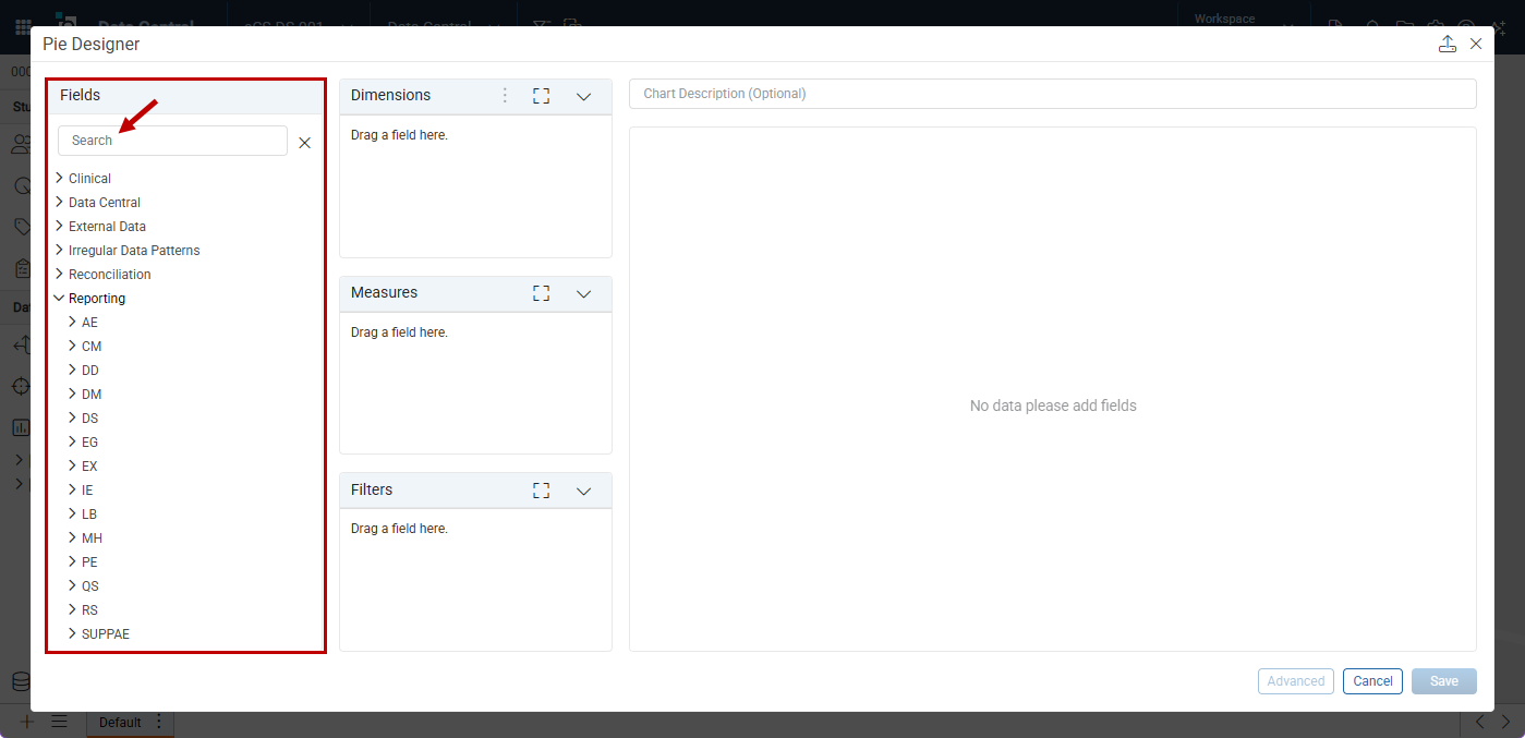 Fields in the Pie Designer