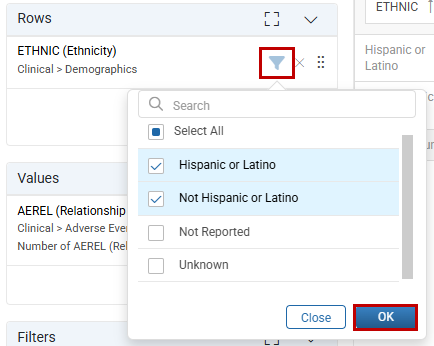 Apply filters to columns and rows