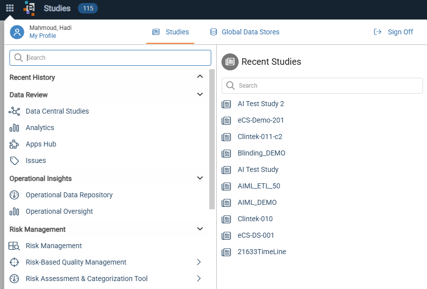 Expanded Platform Menu with Recent History, Data Review, Operational Insights, and Risk Management sections in the left navigation