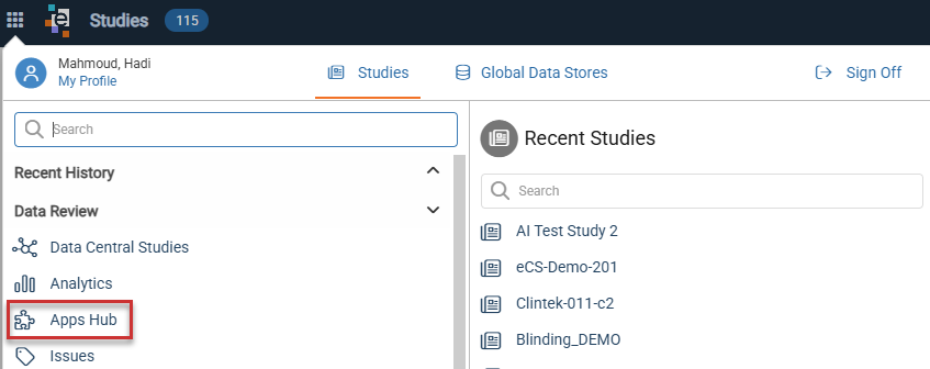 Apps Hub entry under the Data Review section of the Platform Menu