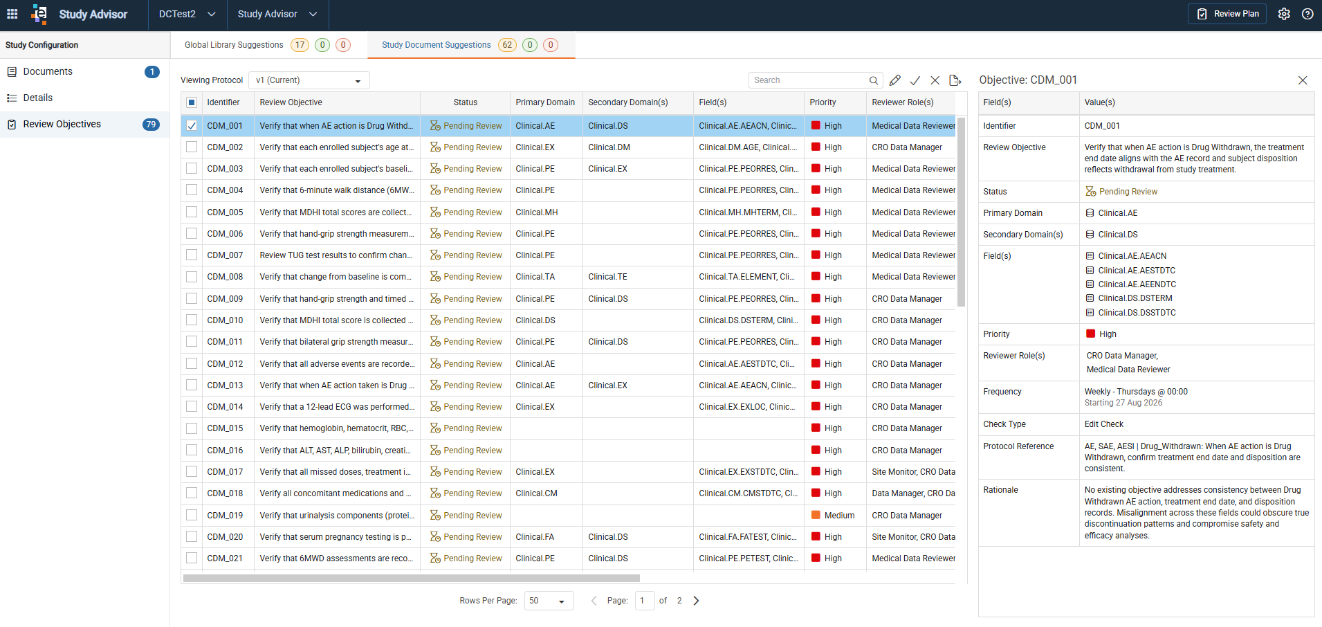 Review Objective suggestion in the transposed record view with the suggestion details, Protocol Reference, and Rationale